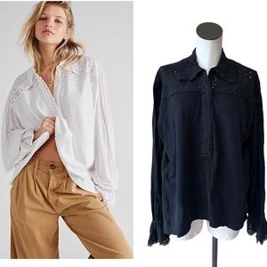 Free People Medium Laura Black Eyelet Blouse